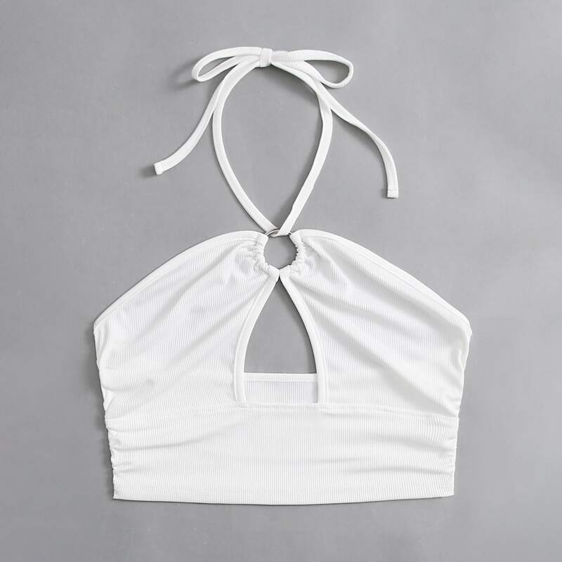 

Solid Cut Out Ring Decor Ribbed Halter Top, White