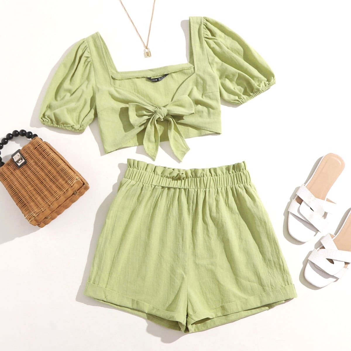 

Puff Sleeve Tie Front Top & Shorts Set, Mint green