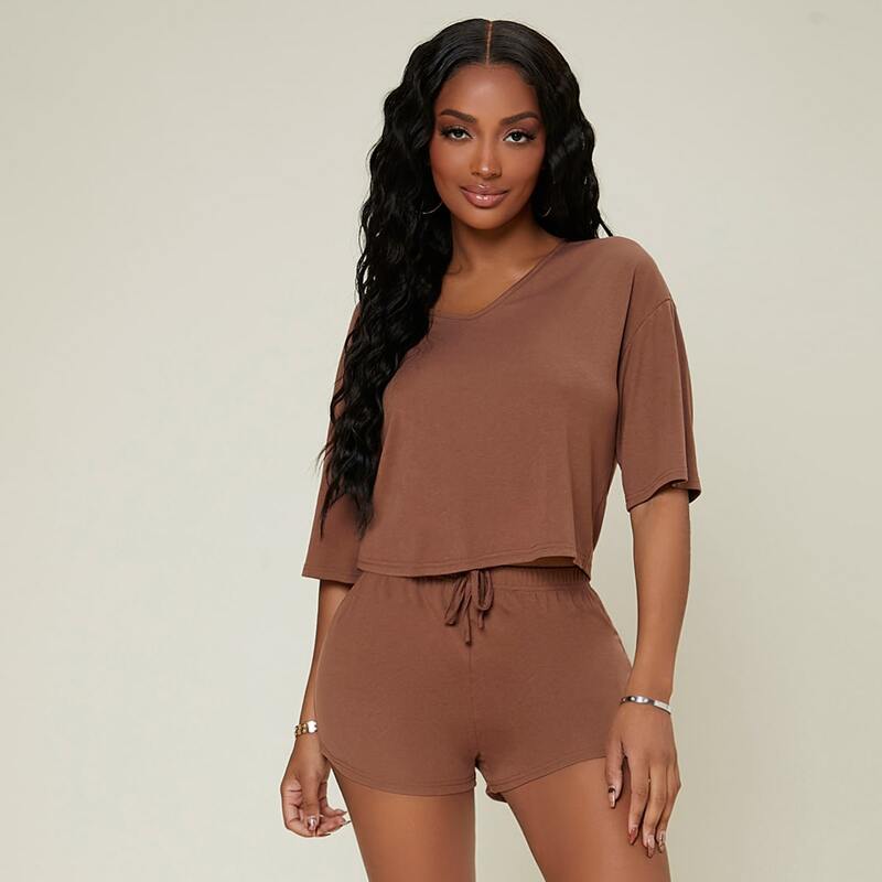 

Drop Shoulder Tie Front Lounge Set, Coffee brown