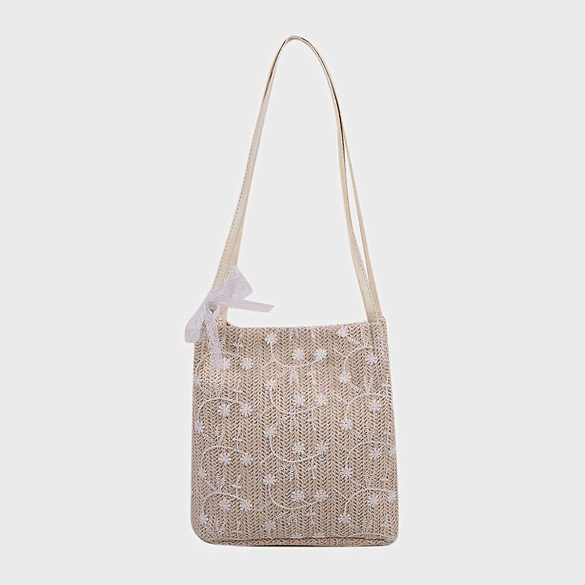 

Floral Straw Bag, Beige