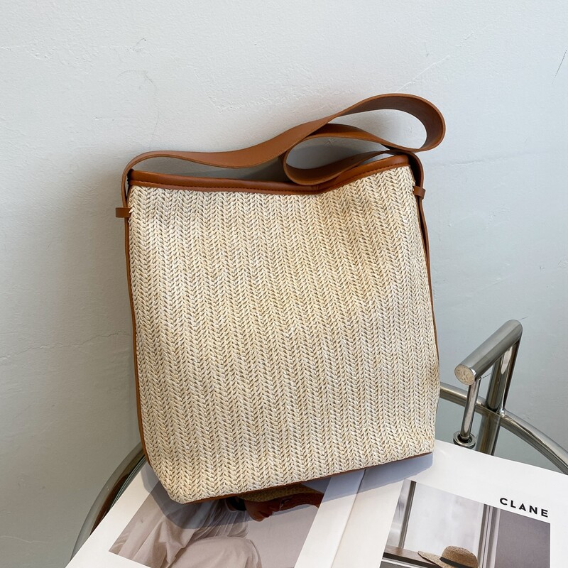 

Contrast Binding Straw Bag, Beige