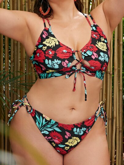 Plus Size Floral Print Tie Side Bikini Set Summer Beach