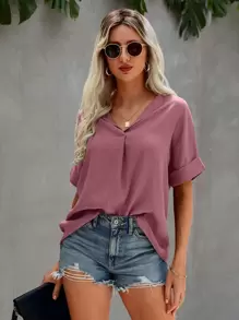 SHEIN LUNE 蝙蝠袖弧形下擺襯衫 - 藕粉色 - 查看 1