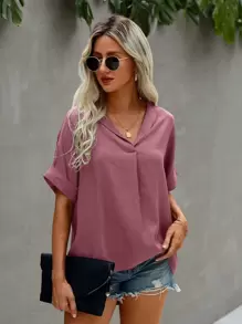 SHEIN LUNE 蝙蝠袖弧形下擺襯衫 - 藕粉色 - 查看 3