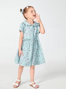 SHEIN 女童小碎花彼得潘領荷葉邊細節洋裝
