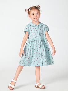 SHEIN 女童小碎花彼得潘領荷葉邊細節洋裝