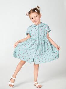 SHEIN 女童小碎花彼得潘領荷葉邊細節洋裝