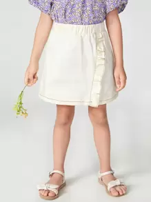 SHEIN 女童拼接色縫線荷葉邊細節半身裙 - 米色 - 查看 1