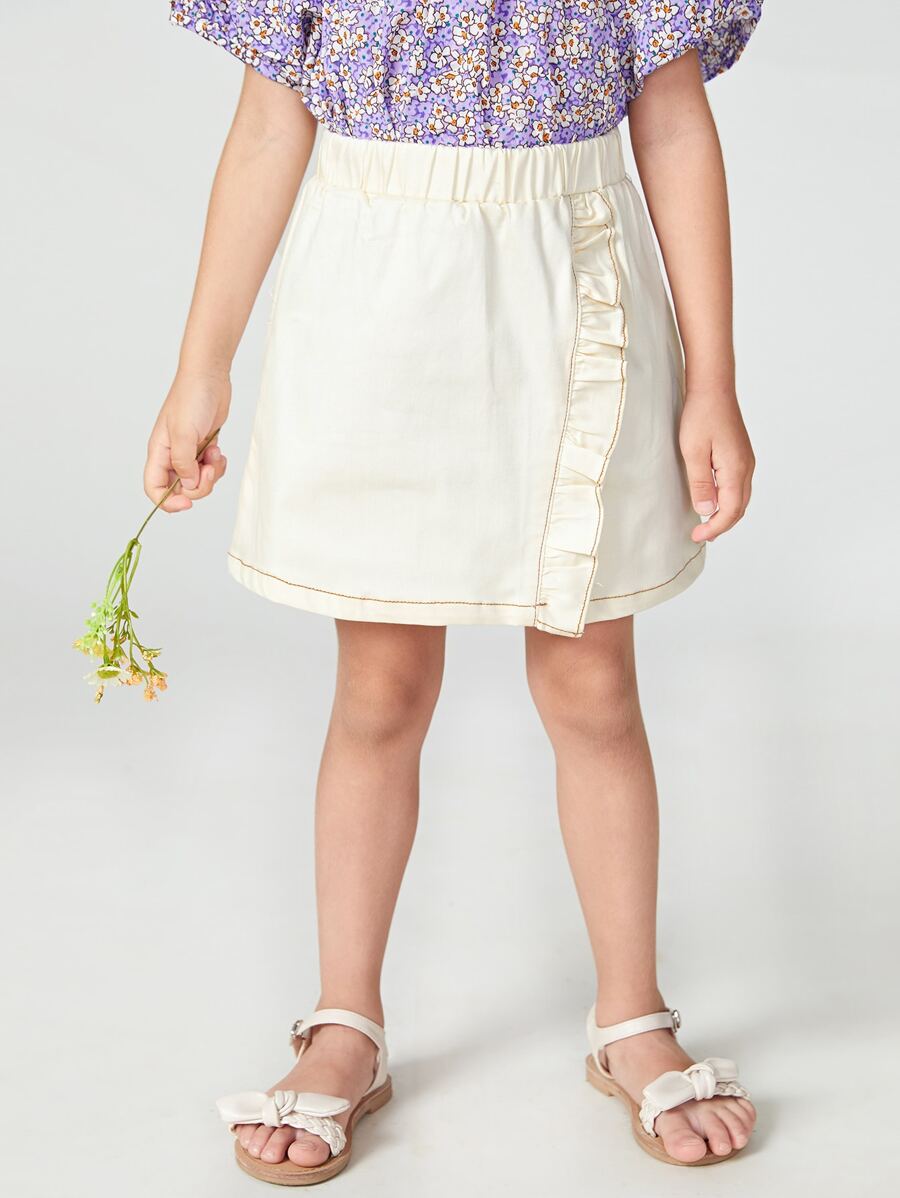 SHEIN 女童拼接色縫線荷葉邊細節半身裙 - 米色 - 查看 1