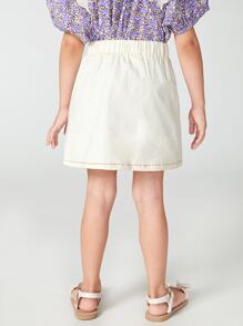 SHEIN 女童拼接色縫線荷葉邊細節半身裙 - 米色 - 查看 2