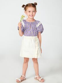 SHEIN 女童拼接色縫線荷葉邊細節半身裙 - 米色 - 查看 3