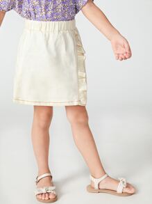 SHEIN 女童拼接色縫線荷葉邊細節半身裙 - 米色 - 查看 5