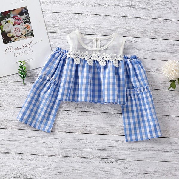 

Toddler Girls Gingham Print Guipure Lace Mesh Insert Crop Blouse, Blue and white