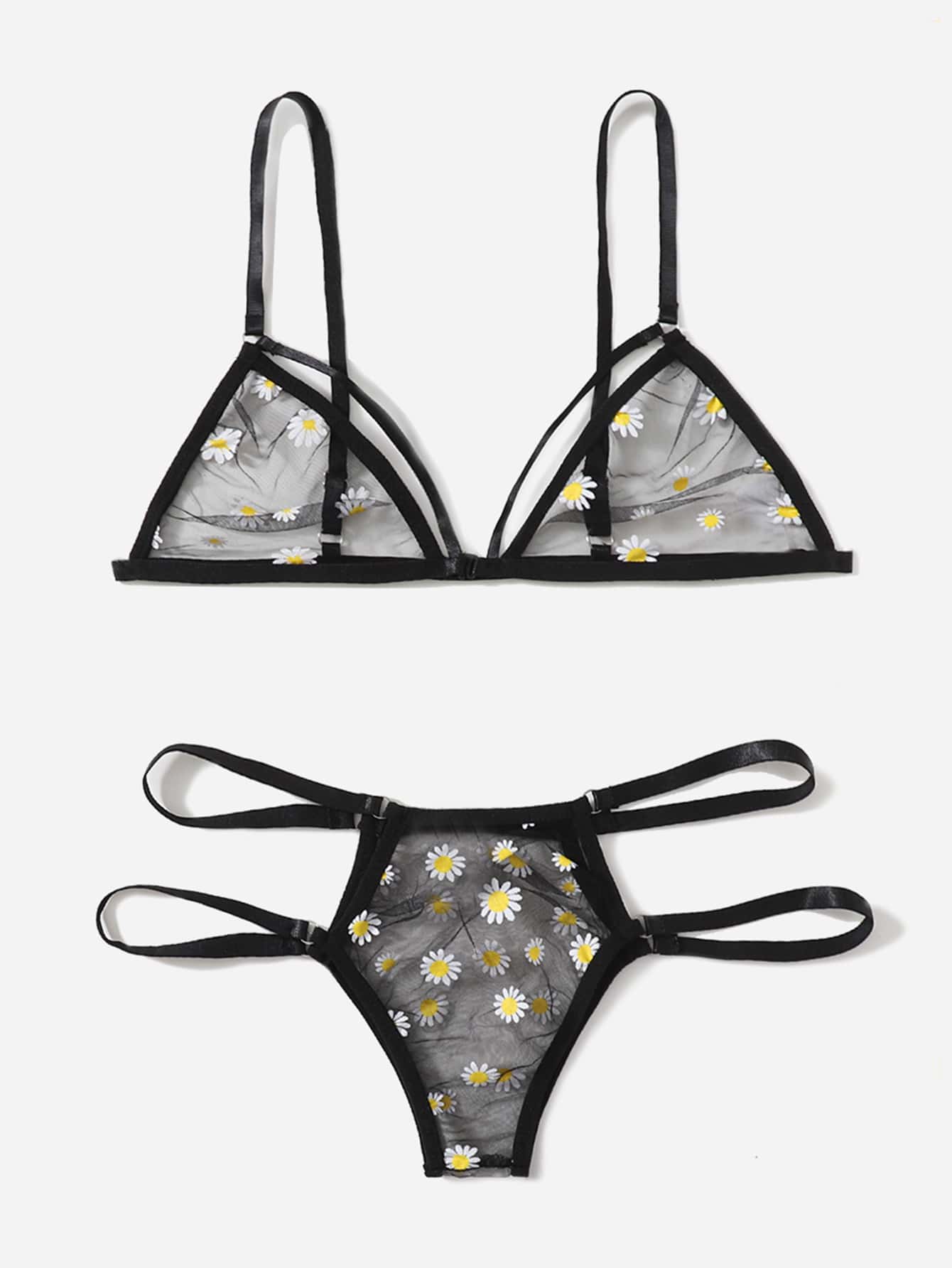 Set de lencería floral de malla - Negro - Añade 1