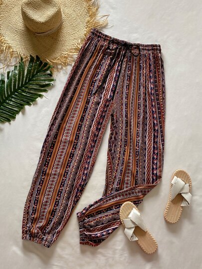 بنطلون برباط خصر مخطط مقاس كبير