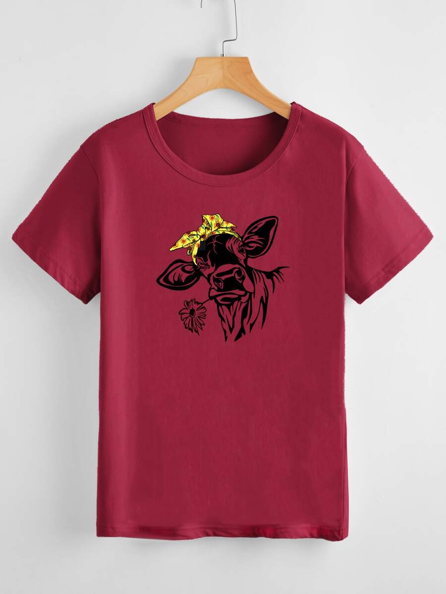 Camiseta con estampado floral con vaca - Burdeos - Ver 1