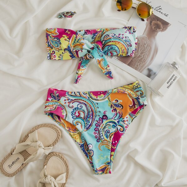 

Paisley Print Knot Front Bandeau Bikini Swimsuit, Multicolor