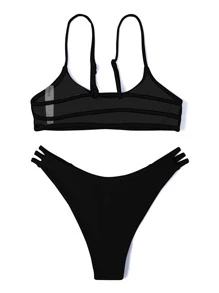 SHEIN Swim 素色比基尼套裝吊帶文胸和鏤空高衩下裝2入組泳衣 - 黑色 - 查看 2