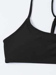 SHEIN Swim 素色比基尼套裝吊帶文胸和鏤空高衩下裝2入組泳衣 - 黑色 - 查看 3