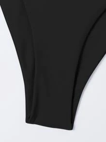 SHEIN Swim 素色比基尼套裝吊帶文胸和鏤空高衩下裝2入組泳衣 - 黑色 - 查看 4