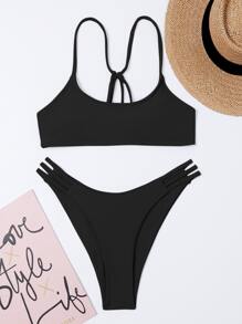 SHEIN Swim 素色比基尼套裝吊帶文胸和鏤空高衩下裝2入組泳衣 - 黑色 - 查看 7