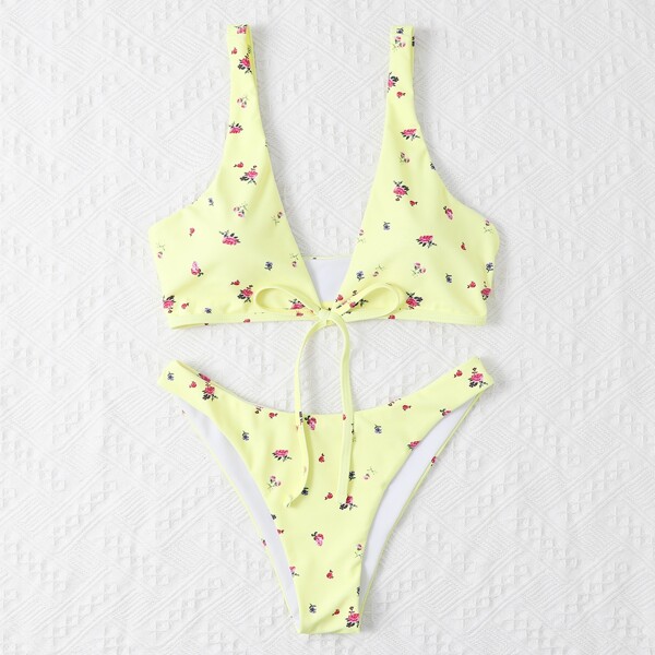 

Floral Random Print High Cut Bikini Swimsuit, Yellow