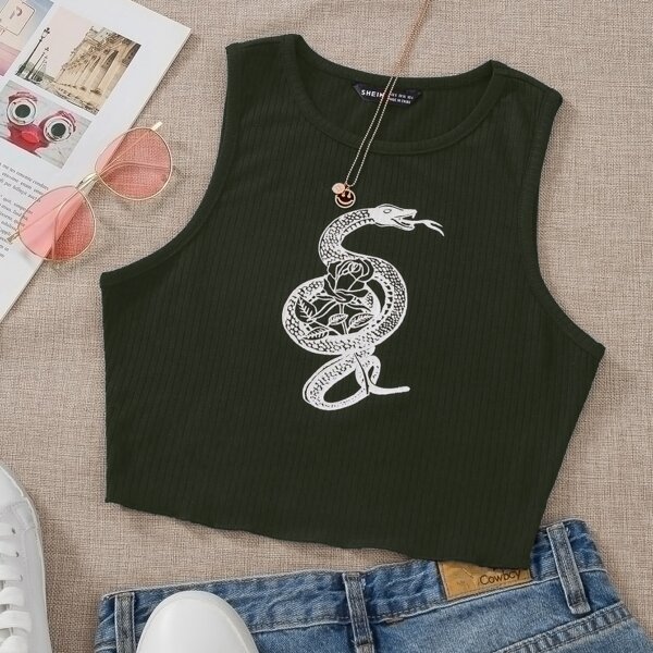 

Snake And Floral Print Tank Top, Dark green