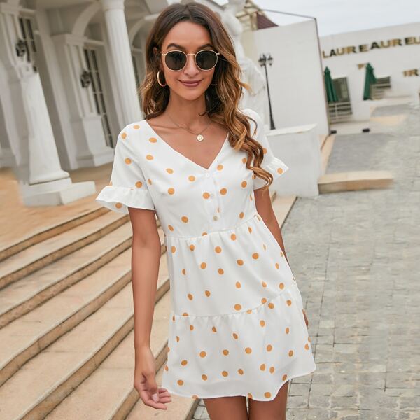 

Polka Dot Bell Sleeve Button Front Dress, White