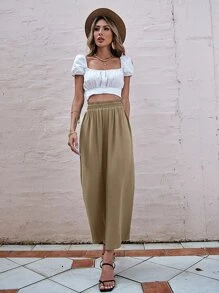 Paper Bag Pants Slätt Enkel Byxor - Kaki - Visa 1