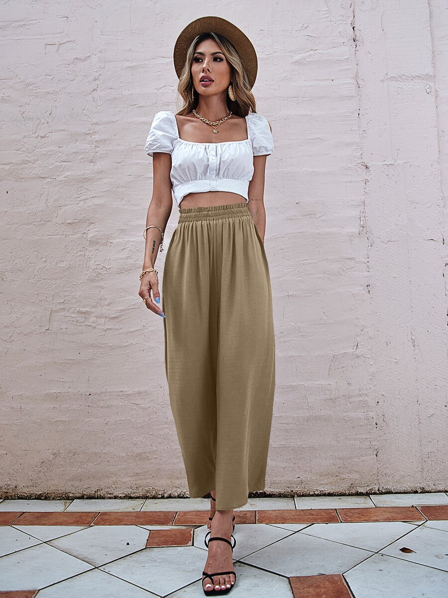 Paper Bag Pants Slätt Enkel Byxor - Kaki - Visa 1