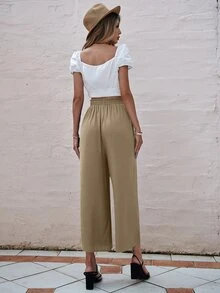 Paper Bag Pants Slätt Enkel Byxor - Kaki - Visa 2