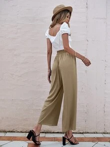 Paper Bag Pants Slätt Enkel Byxor - Kaki - Visa 5