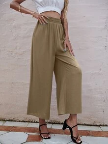 Paper Bag Pants Slätt Enkel Byxor - Kaki - Visa 6