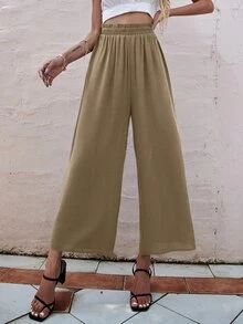 Paper Bag Pants Slätt Enkel Byxor - Kaki - Visa 7