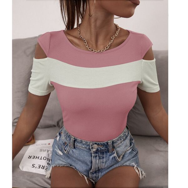 

Colorblock Cold Shoulder Tee, Pink
