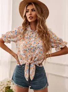 Camisa ribete con fruncido bajo con nudo con estampado floral - Multicolor - Ver 1