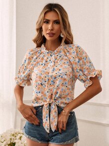 Camisa ribete con fruncido bajo con nudo con estampado floral - Multicolor - Ver 5