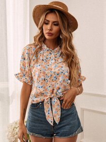 Camisa ribete con fruncido bajo con nudo con estampado floral - Multicolor - Ver 6