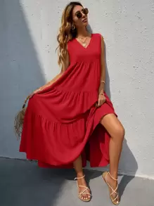 SHEIN VCAY Vestido unicolor bajo fruncido de cuello V - Rojo - Ver 1