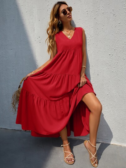 V-neck Ruffle Hem Solid Dress