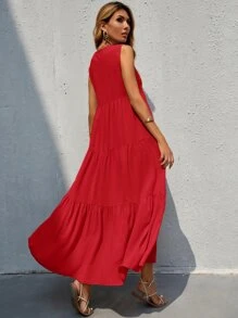 SHEIN VCAY Vestido unicolor bajo fruncido de cuello V - Rojo - Ver 2