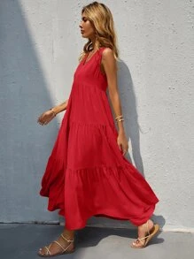 SHEIN VCAY Vestido unicolor bajo fruncido de cuello V - Rojo - Ver 4