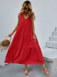 SHEIN VCAY Vestido unicolor bajo fruncido de cuello V - Rojo - Ver 5