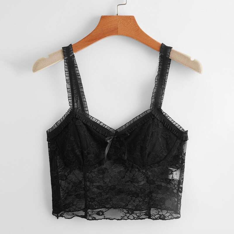 

Contrast Lace Bow Crop Top, Black