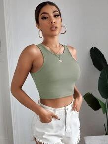 SHEIN EZwear Top tank corto tejido de canalé unicolor - Verde - Ver 1