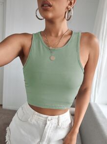 SHEIN EZwear Top tank corto tejido de canalé unicolor - Verde - Ver 3