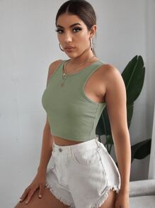SHEIN EZwear Top tank corto tejido de canalé unicolor - Verde - Ver 5