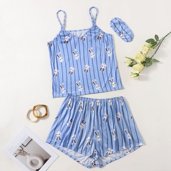 

Plus Striped & Cartoon Pajama Set With Eyecover, Blue