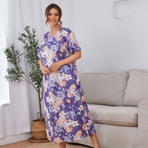

Plus Floral Print Nightdress, Multicolor