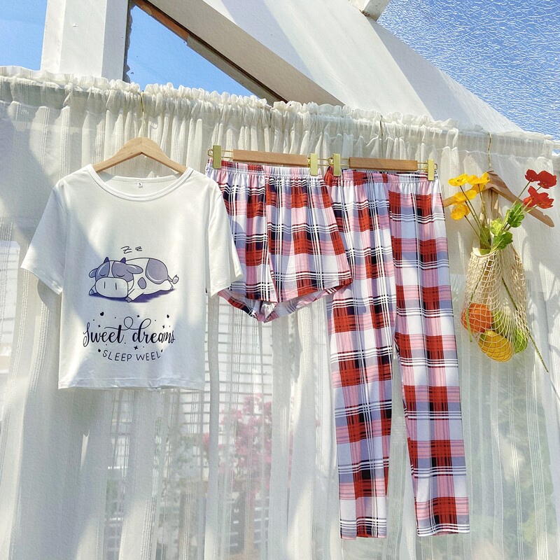 

3pcs Cartoon & Tartan Graphic PJ Set, Multicolor